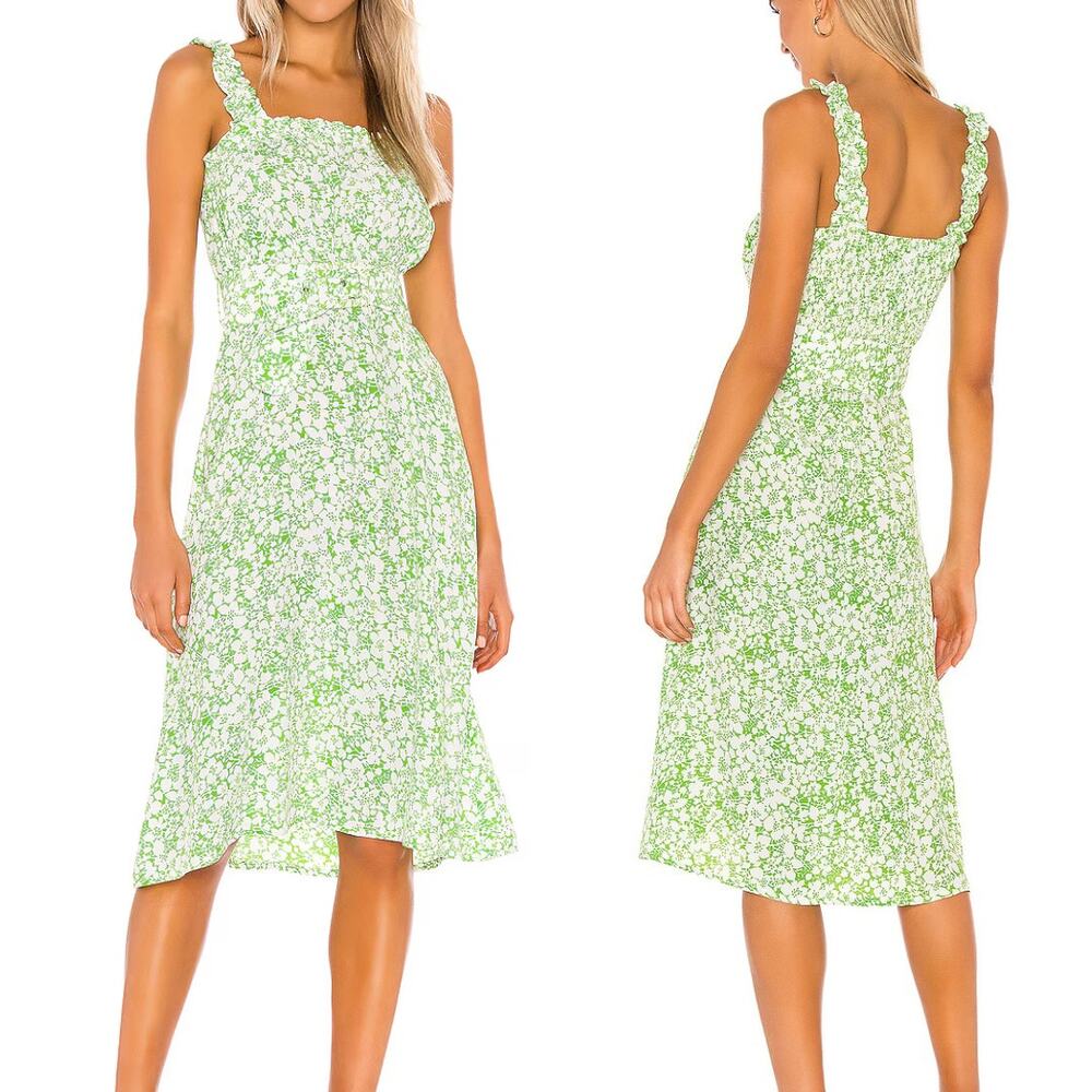 Faithful the Brand NWT Mae Green White Floral Smocked Belted Spring Midi Dress